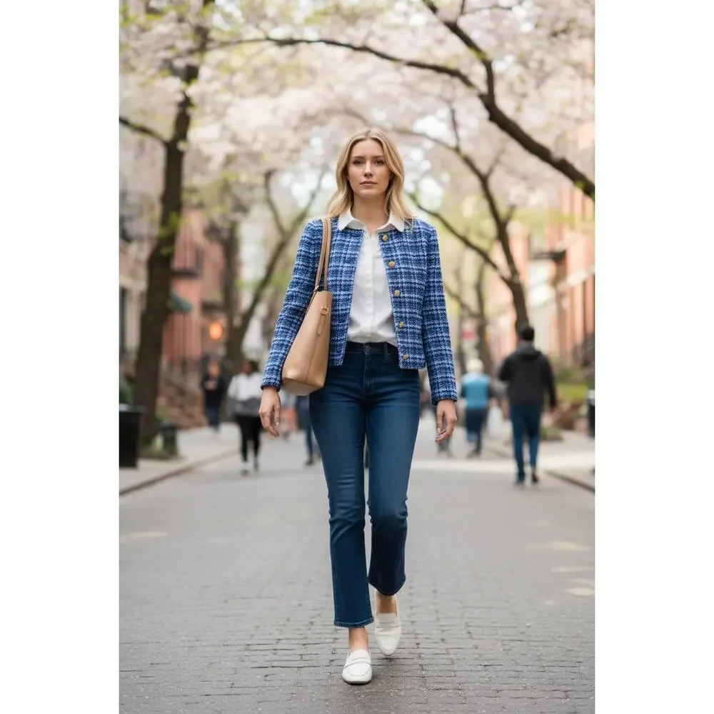 NWT J. CREW JACKET LADY BLAZER BLUE GOLD TWEED CLASSIC PREPPY WORK OFFICE CASUAL - Picture 2 of 16